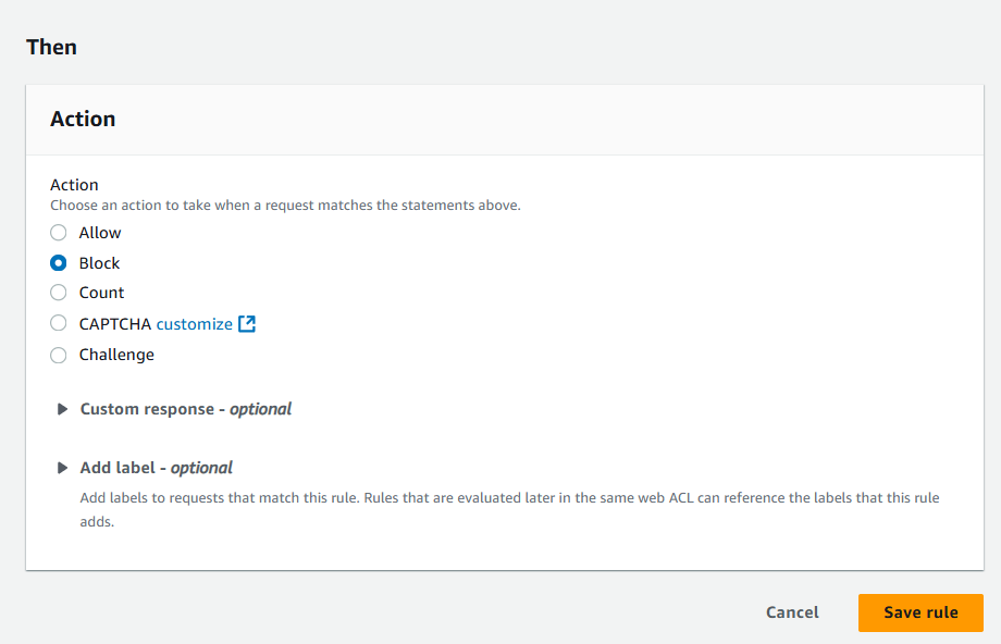 A screenshot showing creating a new rule in AWS WAF