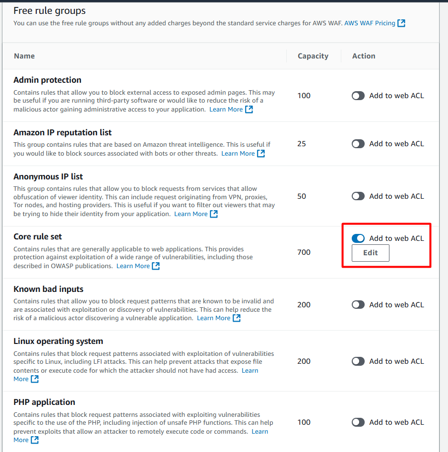 Selecting the Core rule set in the AWS WAF