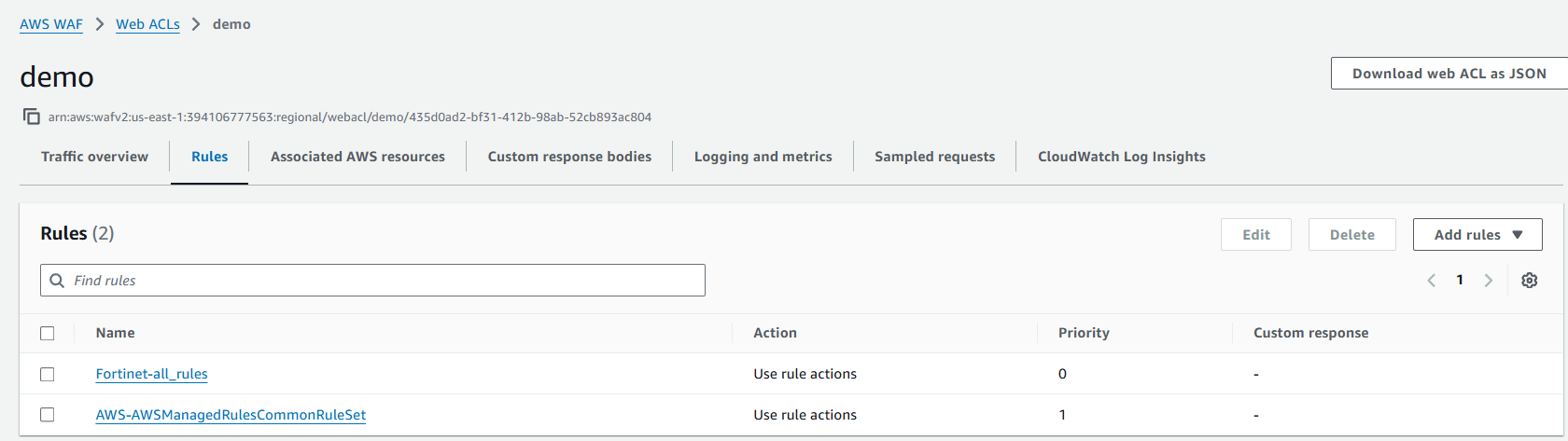 Adding a demo rule in the AWS WAF