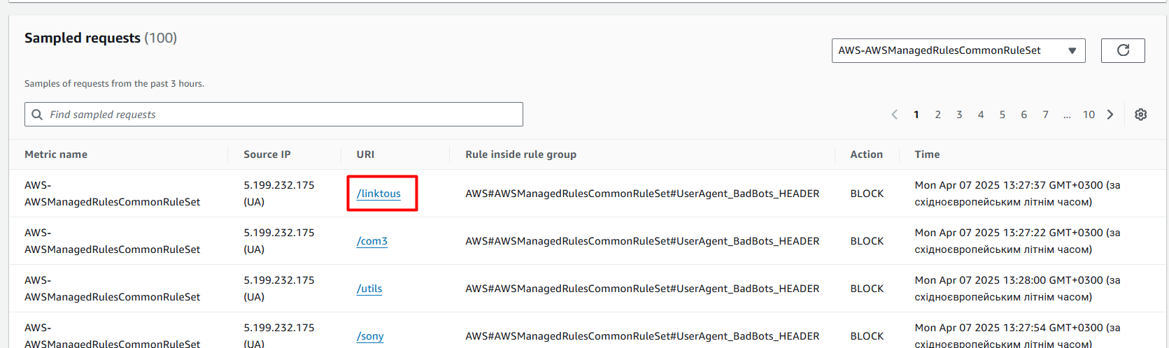 A sample of the blocked request in AWS WAF